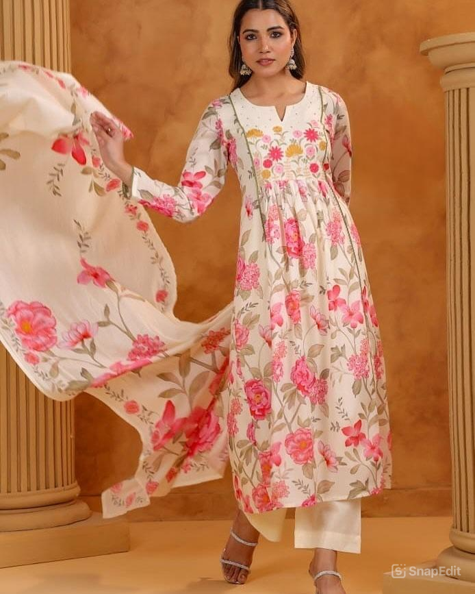 Embroidered Cotton Anarkali Kurta Pant Dupatta Set