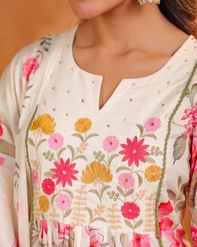 Embroidered Cotton Anarkali Kurta Pant Dupatta Set