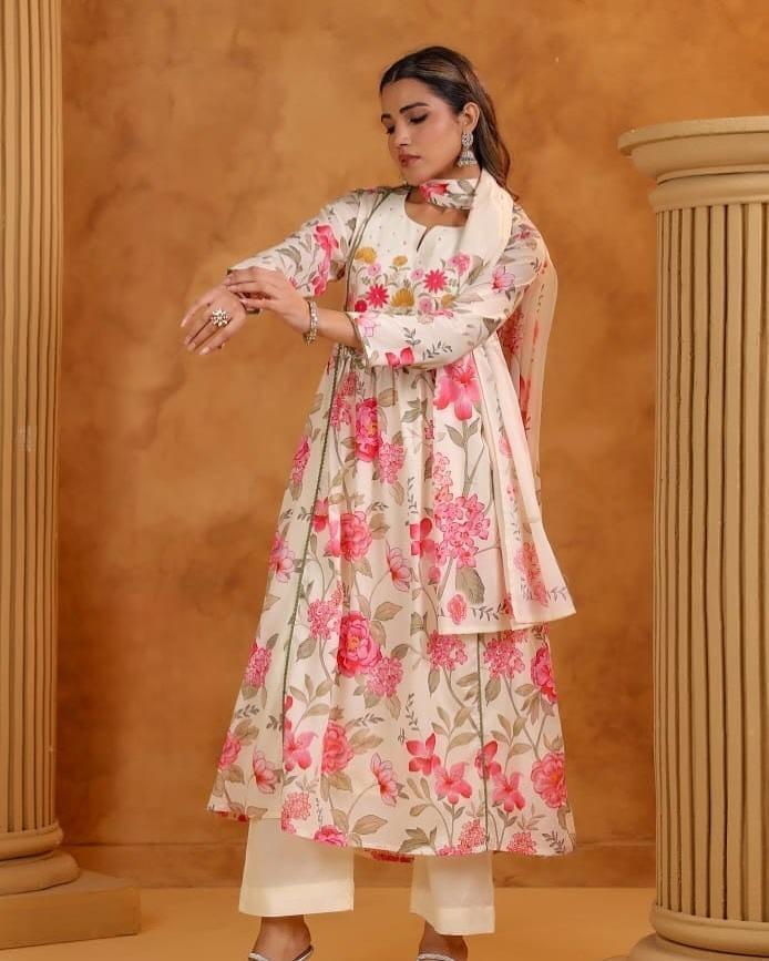 Embroidered Cotton Anarkali Kurta Pant Dupatta Set