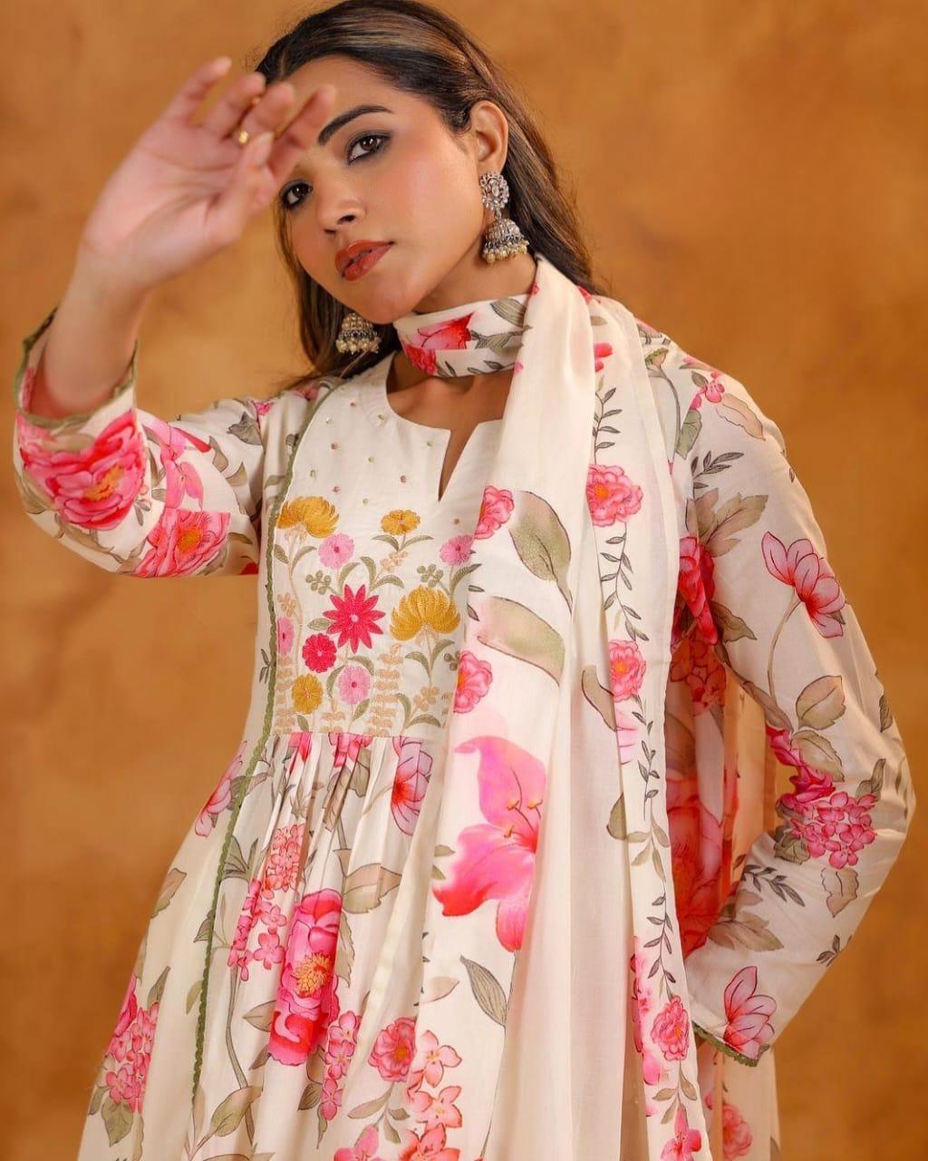 Embroidered Cotton Anarkali Kurta Pant Dupatta Set