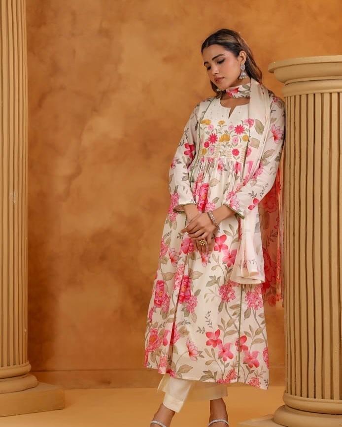 Embroidered Cotton Anarkali Kurta Pant Dupatta Set