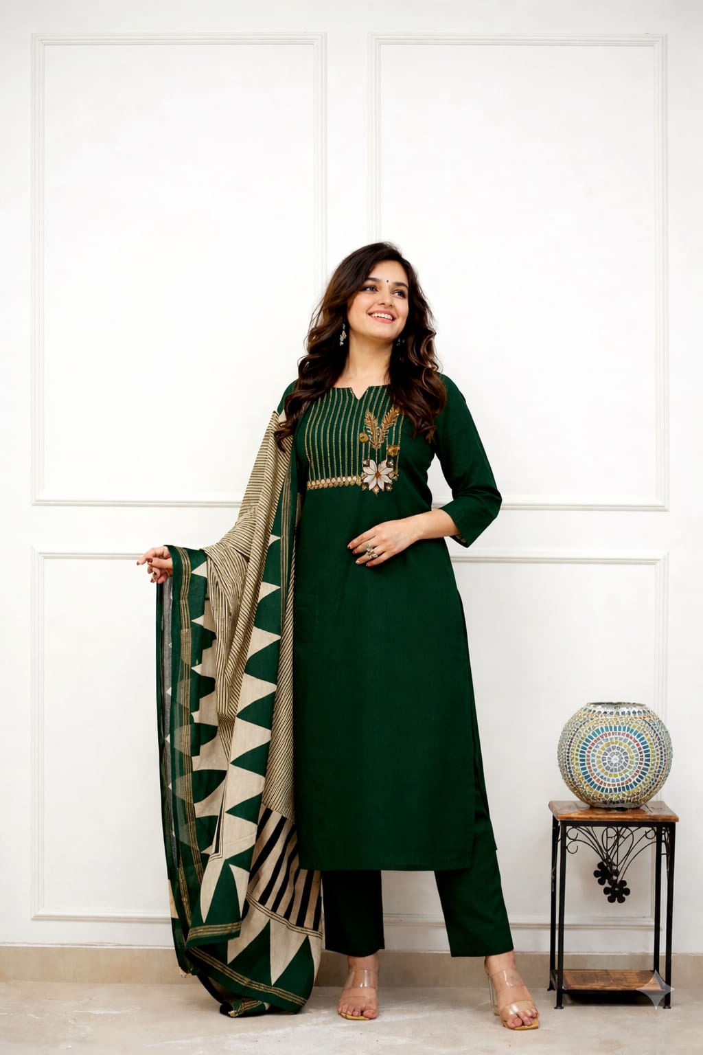 Embroidered Cotton Kurta Pant Set with Printed Dupatta & Pocket