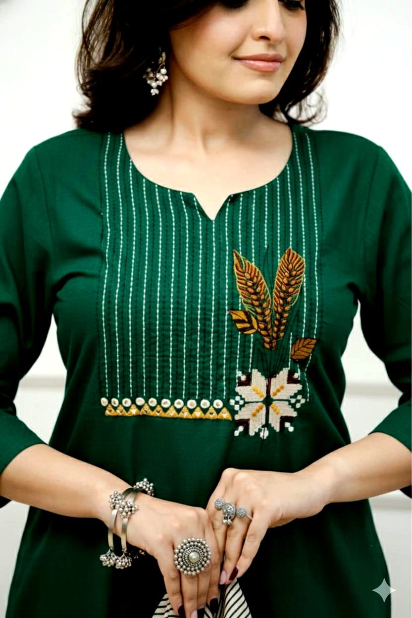 Embroidered Cotton Kurta Pant Set with Printed Dupatta & Pocket