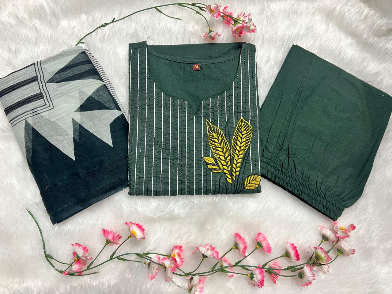 Embroidered Cotton Kurta Pant Set with Printed Dupatta & Pocket