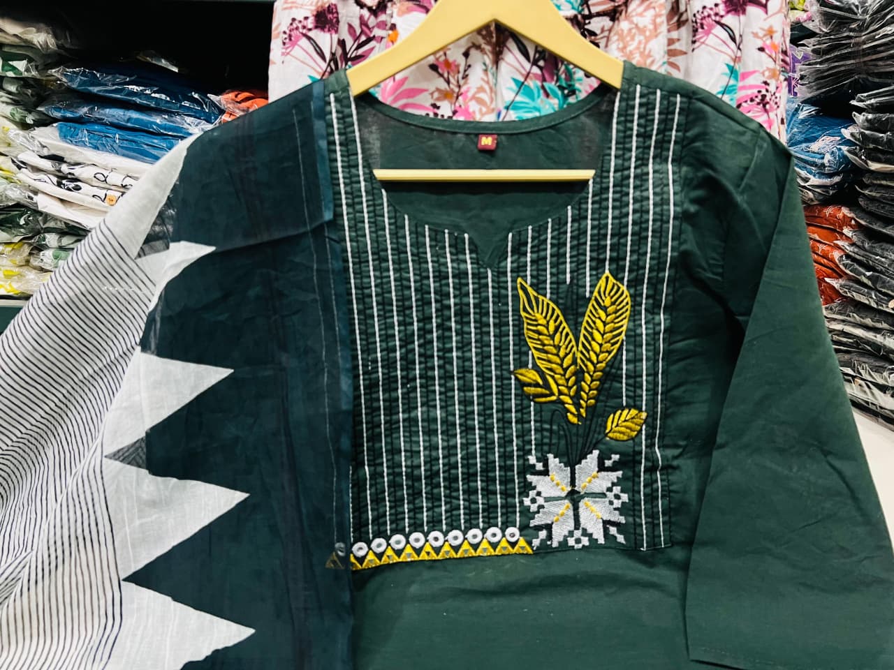 Embroidered Cotton Kurta Pant Set with Printed Dupatta & Pocket