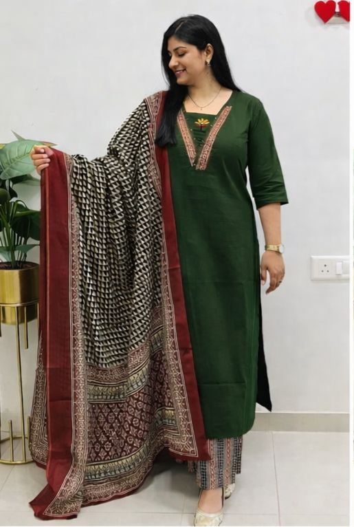 Embroidered Cotton Kurta Pant with Dupatta Set for Women