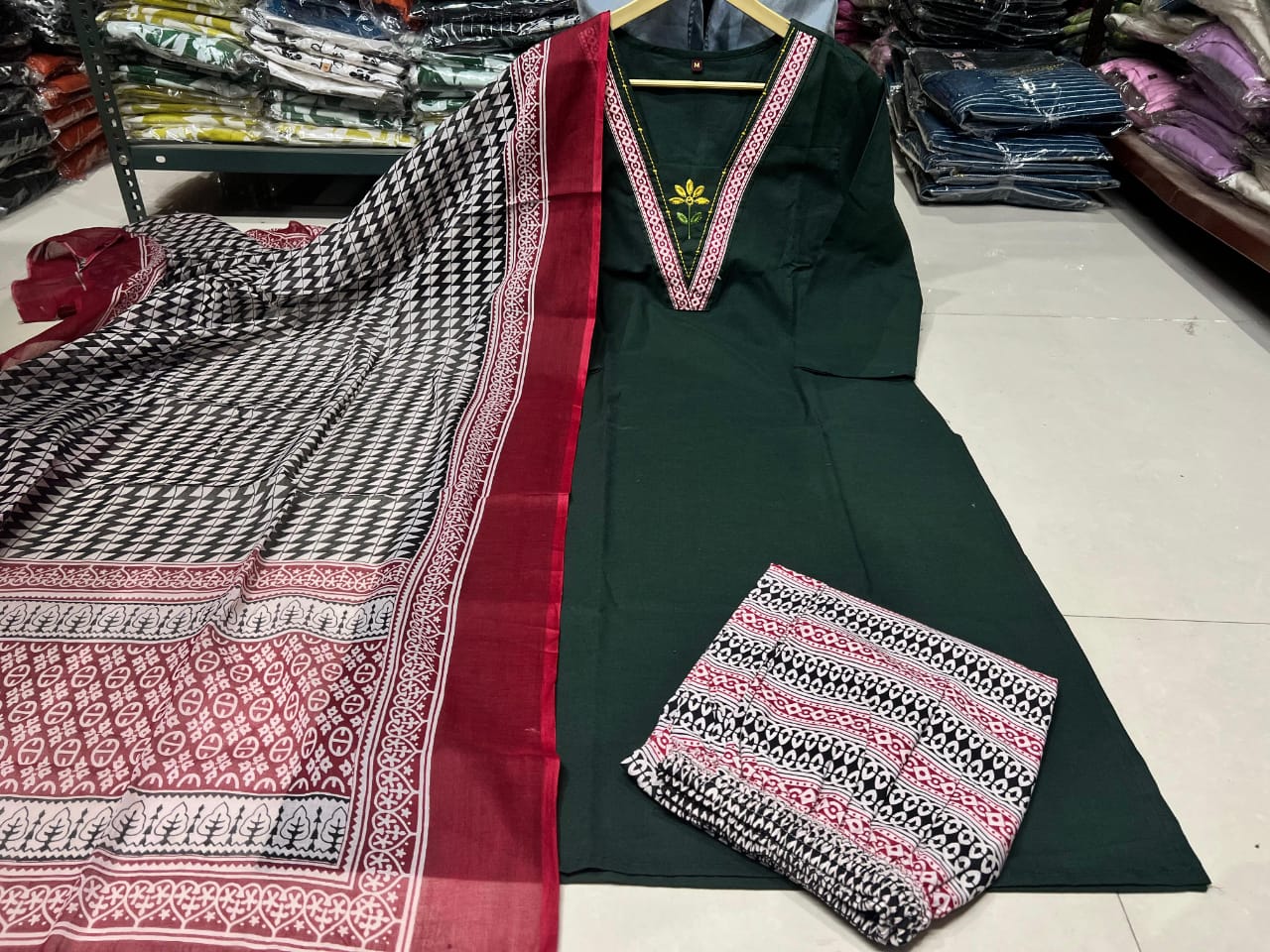 Embroidered Cotton Kurta Pant with Dupatta Set for Women