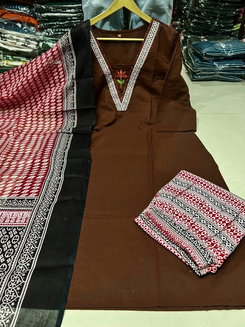 Embroidered Cotton Kurta Pant with Dupatta Set for Women
