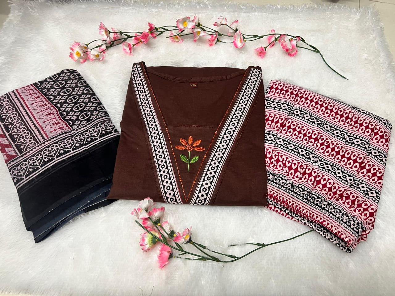 Embroidered Cotton Kurta Pant with Dupatta Set for Women