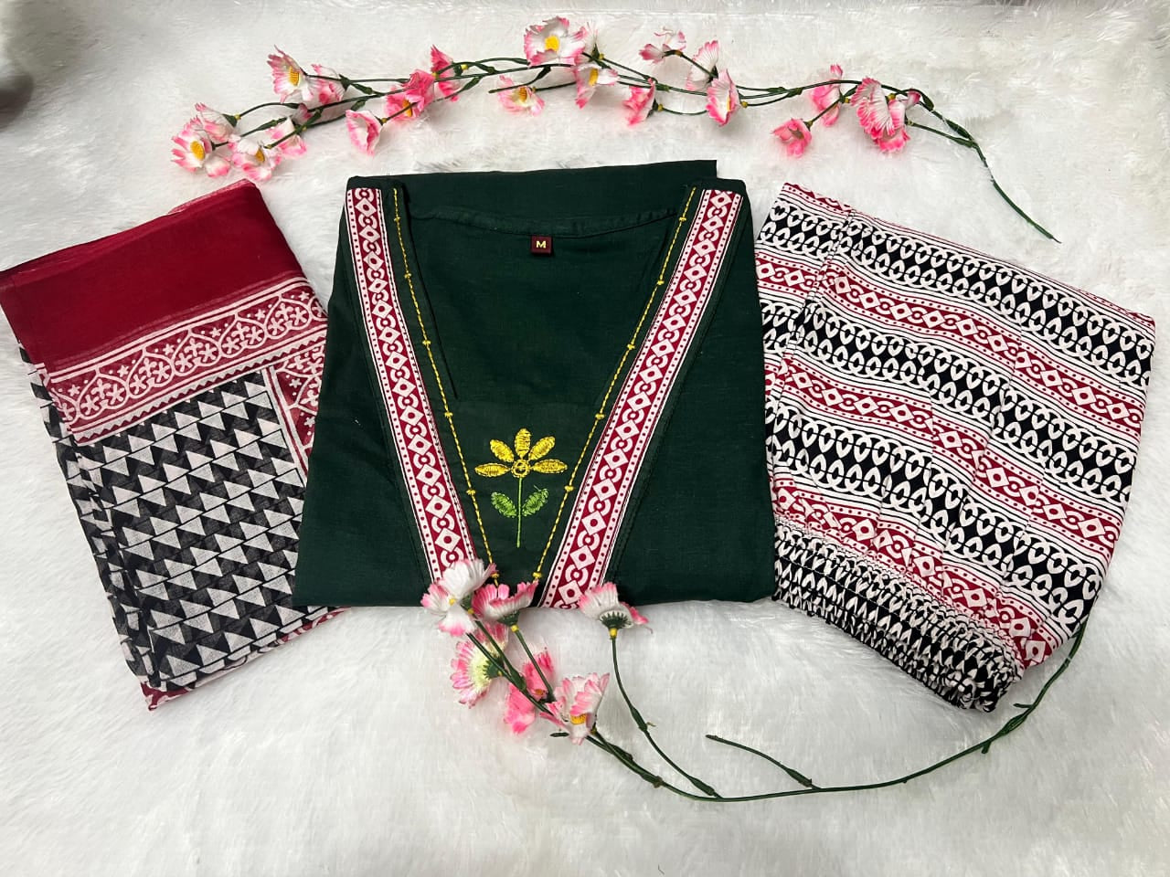 Embroidered Cotton Kurta Pant with Dupatta Set for Women