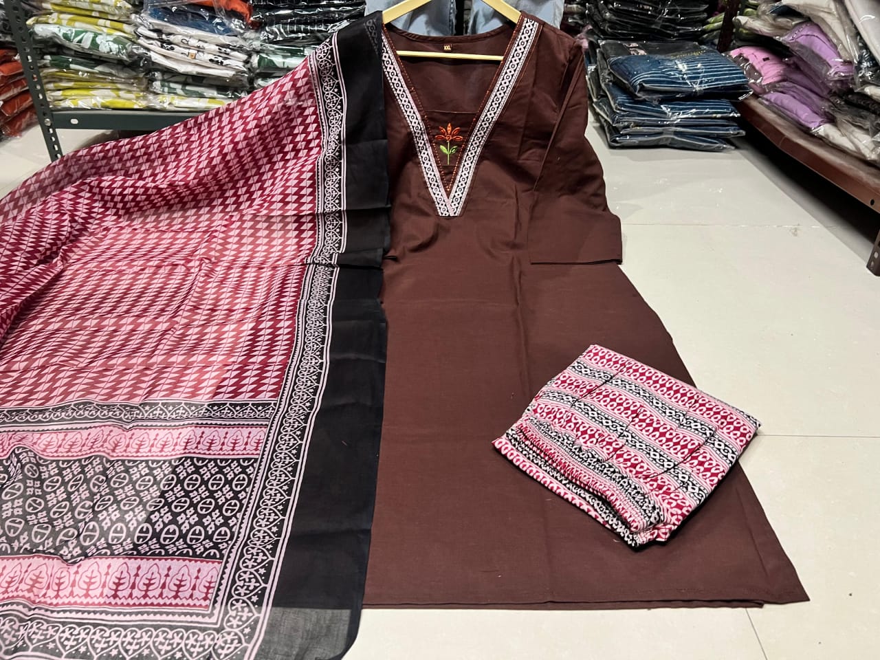 Embroidered Cotton Kurta Pant with Dupatta Set for Women