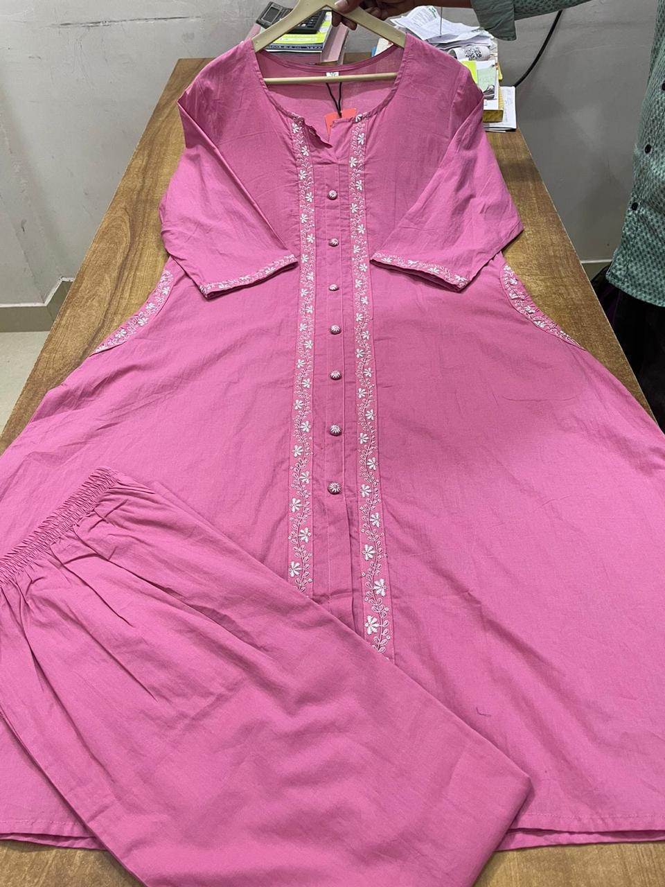 Embroidered Cotton Kurta Set with Pant & Side Pockets