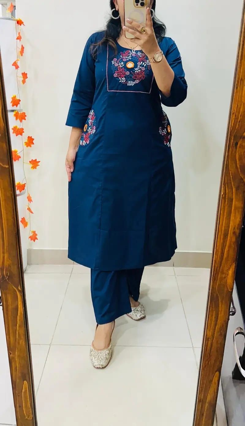 Embroidered Cotton Kurti Palazzo Set with Dual Pocket Design
