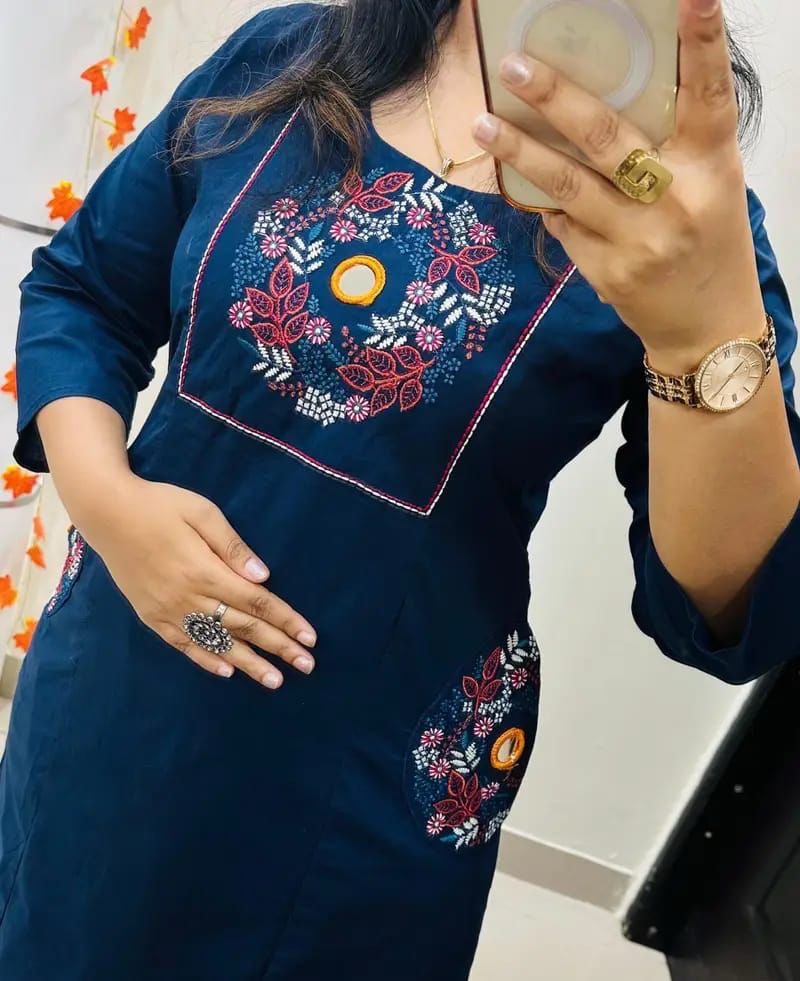 Embroidered Cotton Kurti Palazzo Set with Dual Pocket Design