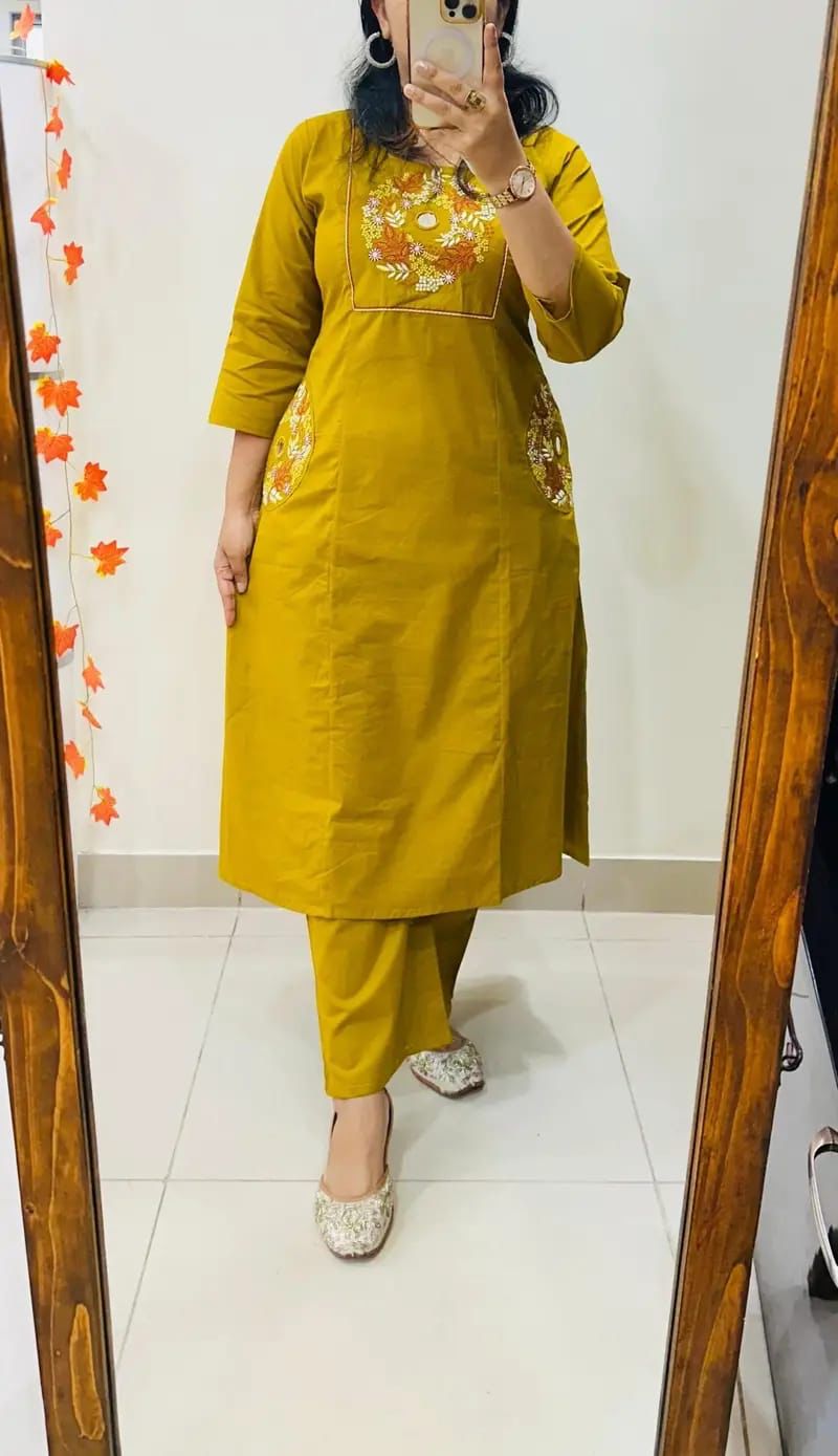 Embroidered Cotton Kurti Palazzo Set with Dual Pocket Design