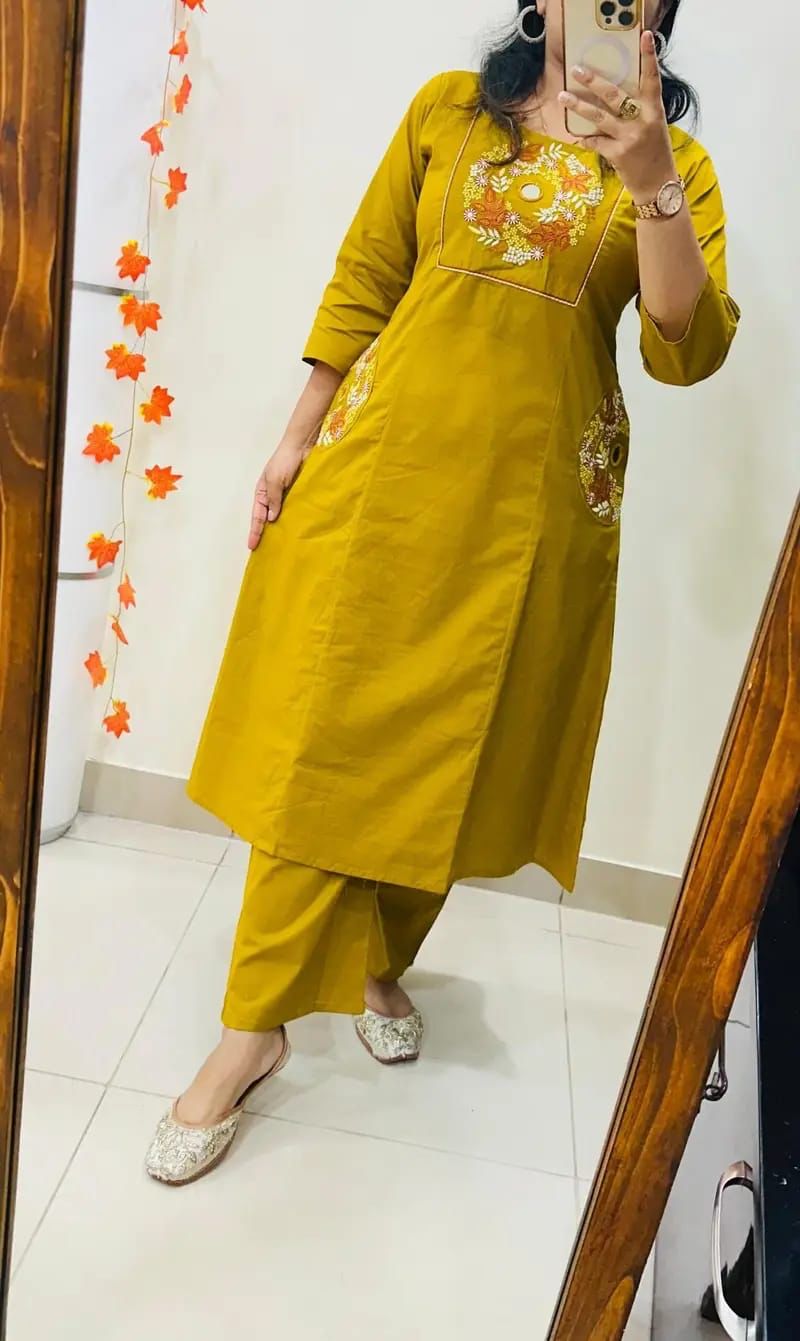 Embroidered Cotton Kurti Palazzo Set with Dual Pocket Design