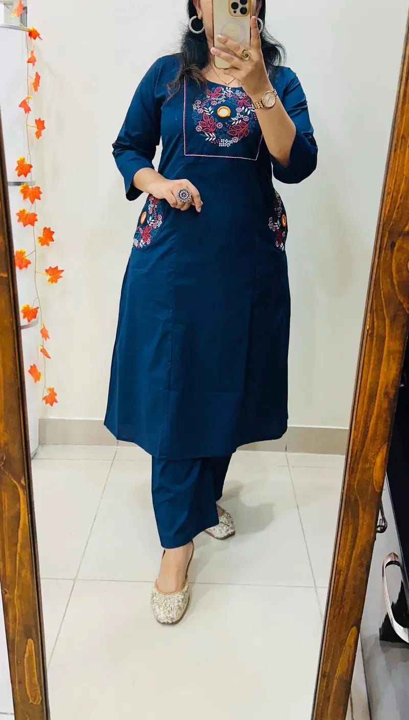 Embroidered Cotton Kurti Palazzo Set with Dual Pocket Design