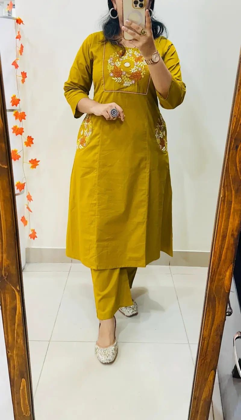 Embroidered Cotton Kurti Palazzo Set with Dual Pocket Design