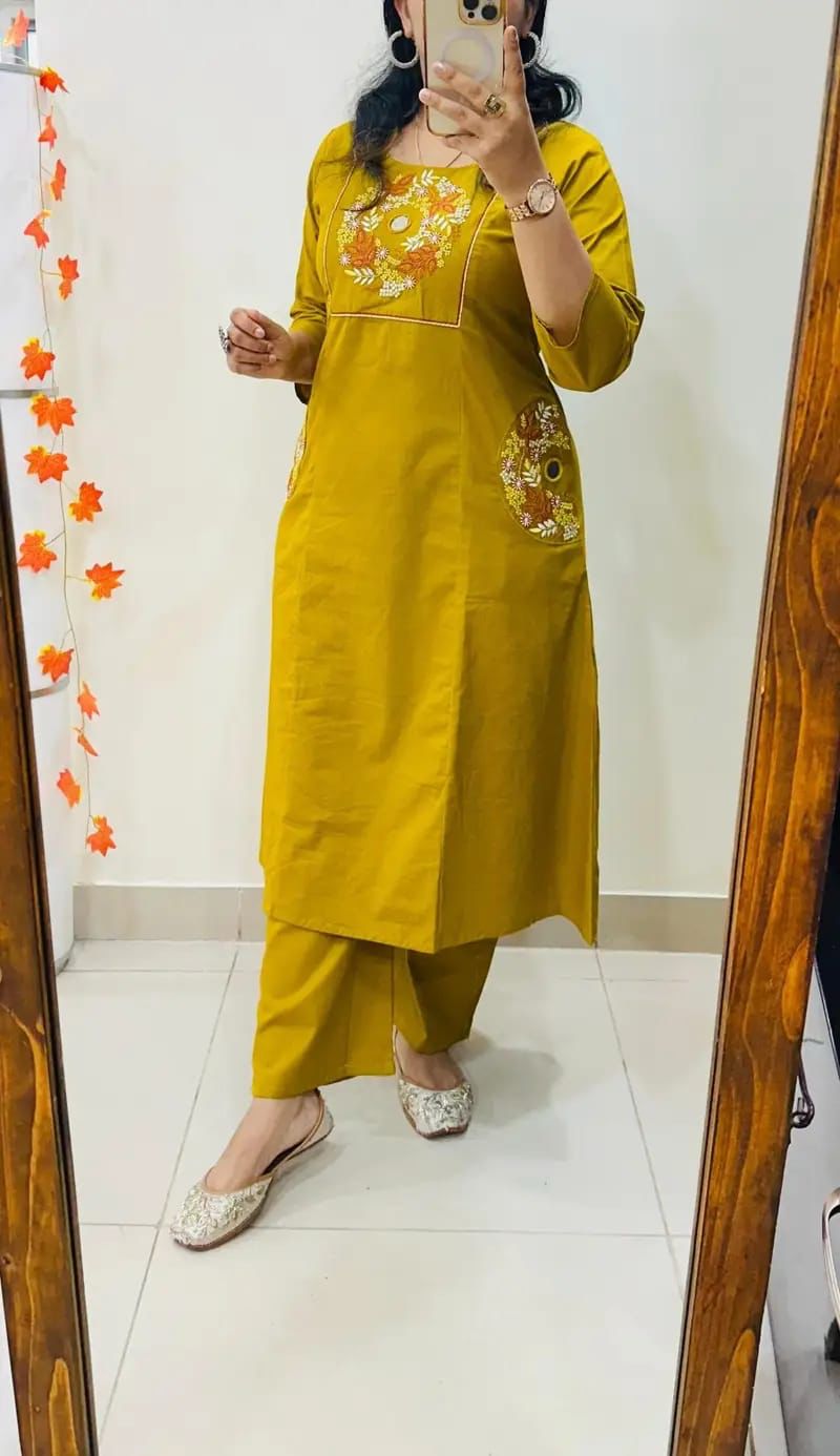 Embroidered Cotton Kurti Palazzo Set with Dual Pocket Design