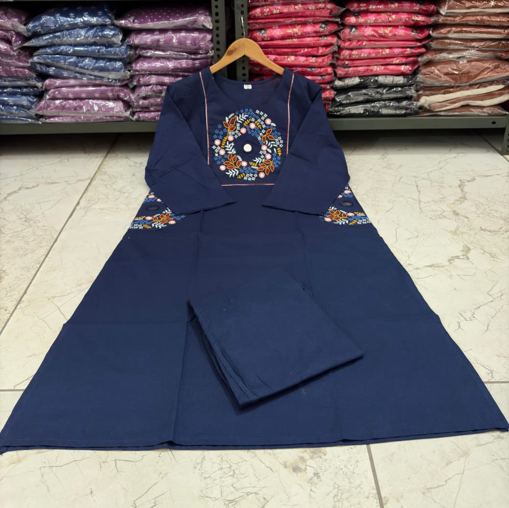 Embroidered Cotton Kurti Palazzo Set with Dual Pocket Design