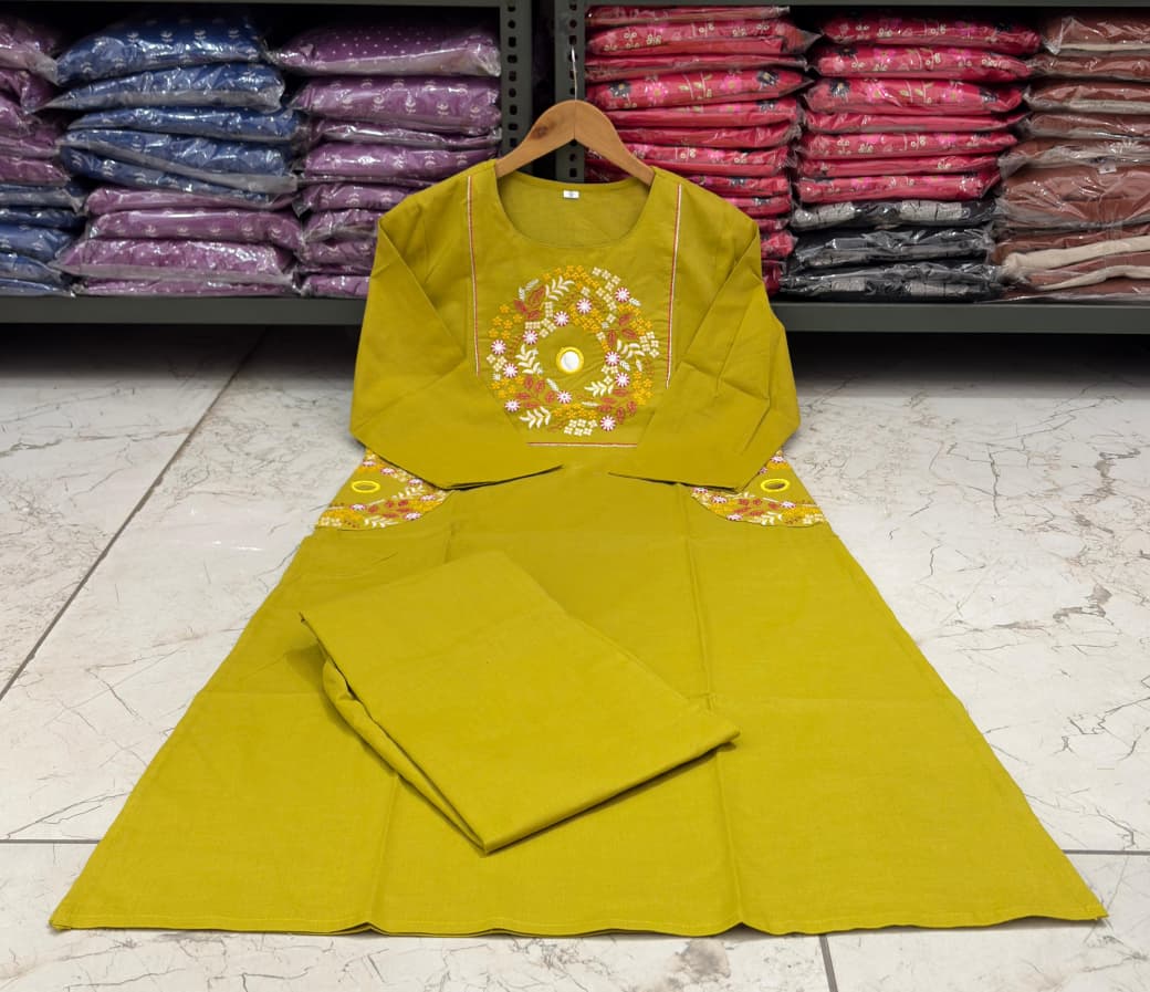 Embroidered Cotton Kurti Palazzo Set with Dual Pocket Design
