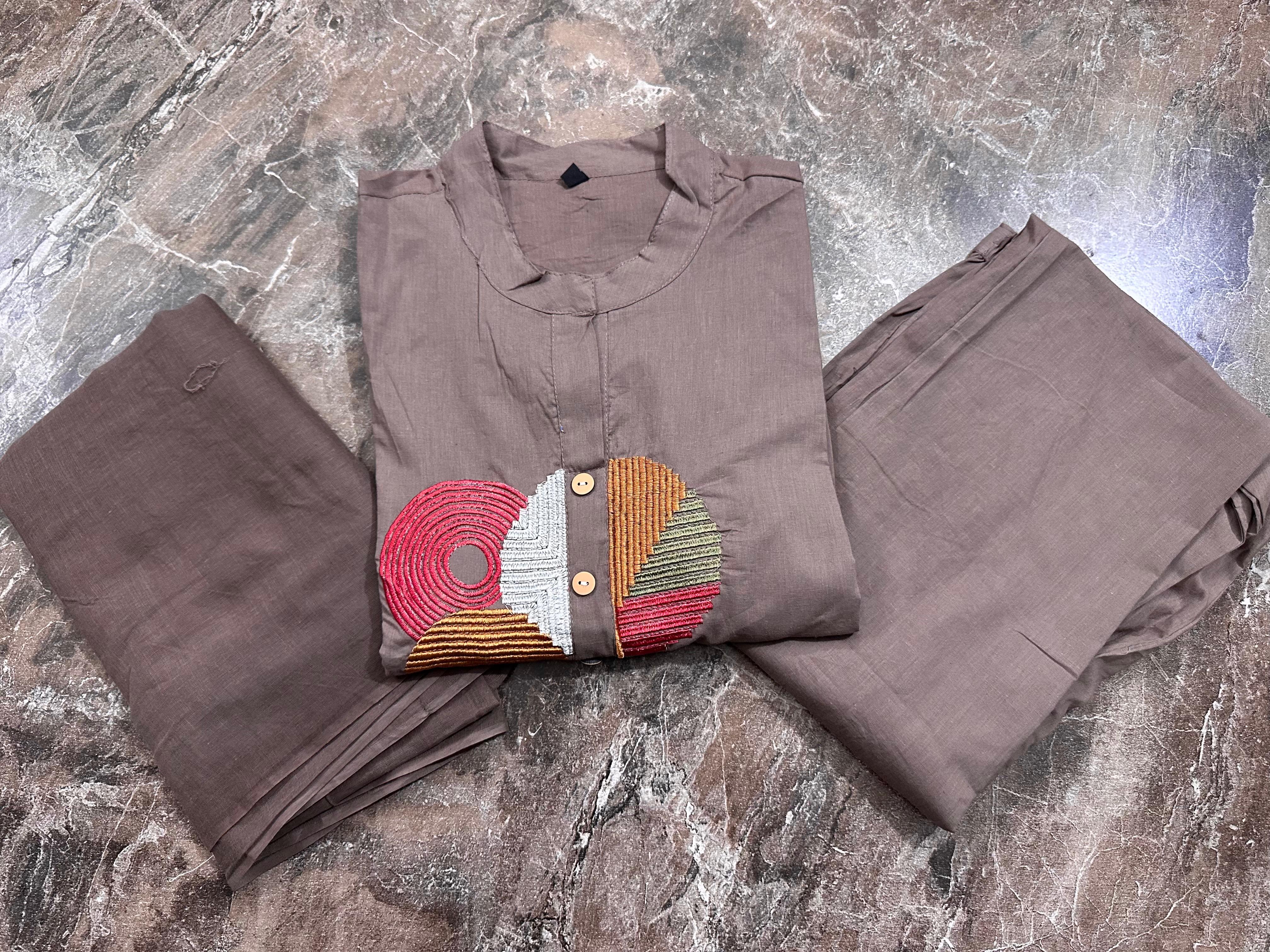 Embroidered Cotton Kurti, Pant & Dupatta Set | 49" Kurta | 38" Pant