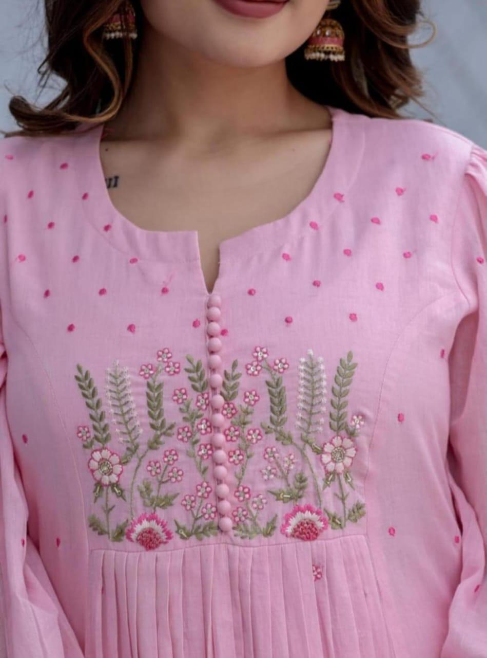 Embroidered Cotton Kurti Pant Set with Malmal Dupatta