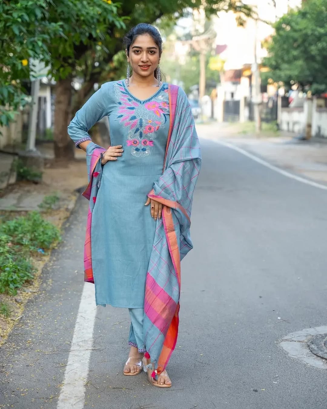 Embroidered Cotton Kurti Set with Matching Pants & Dupatta