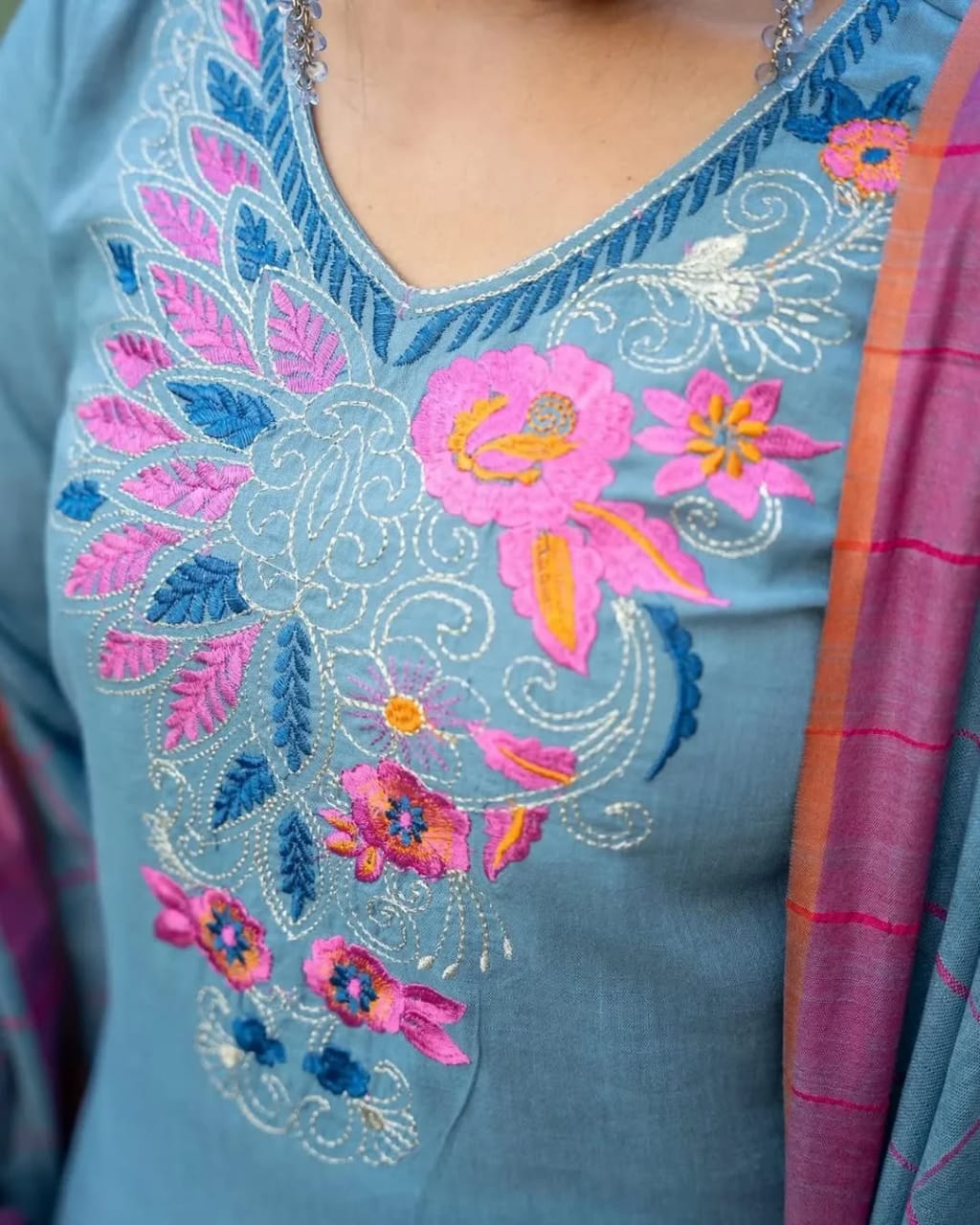 Embroidered Cotton Kurti Set with Matching Pants & Dupatta