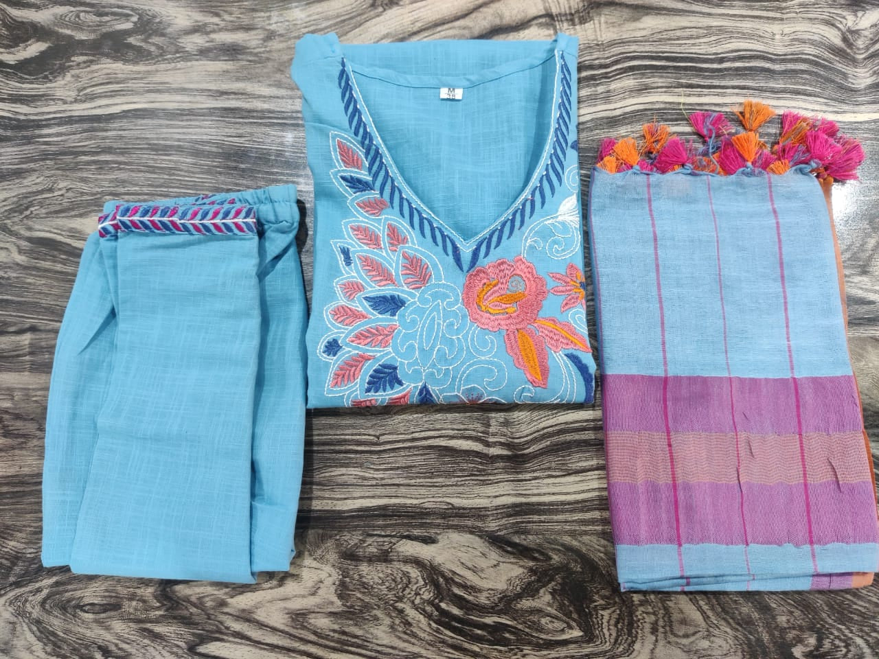 Embroidered Cotton Kurti Set with Matching Pants & Dupatta