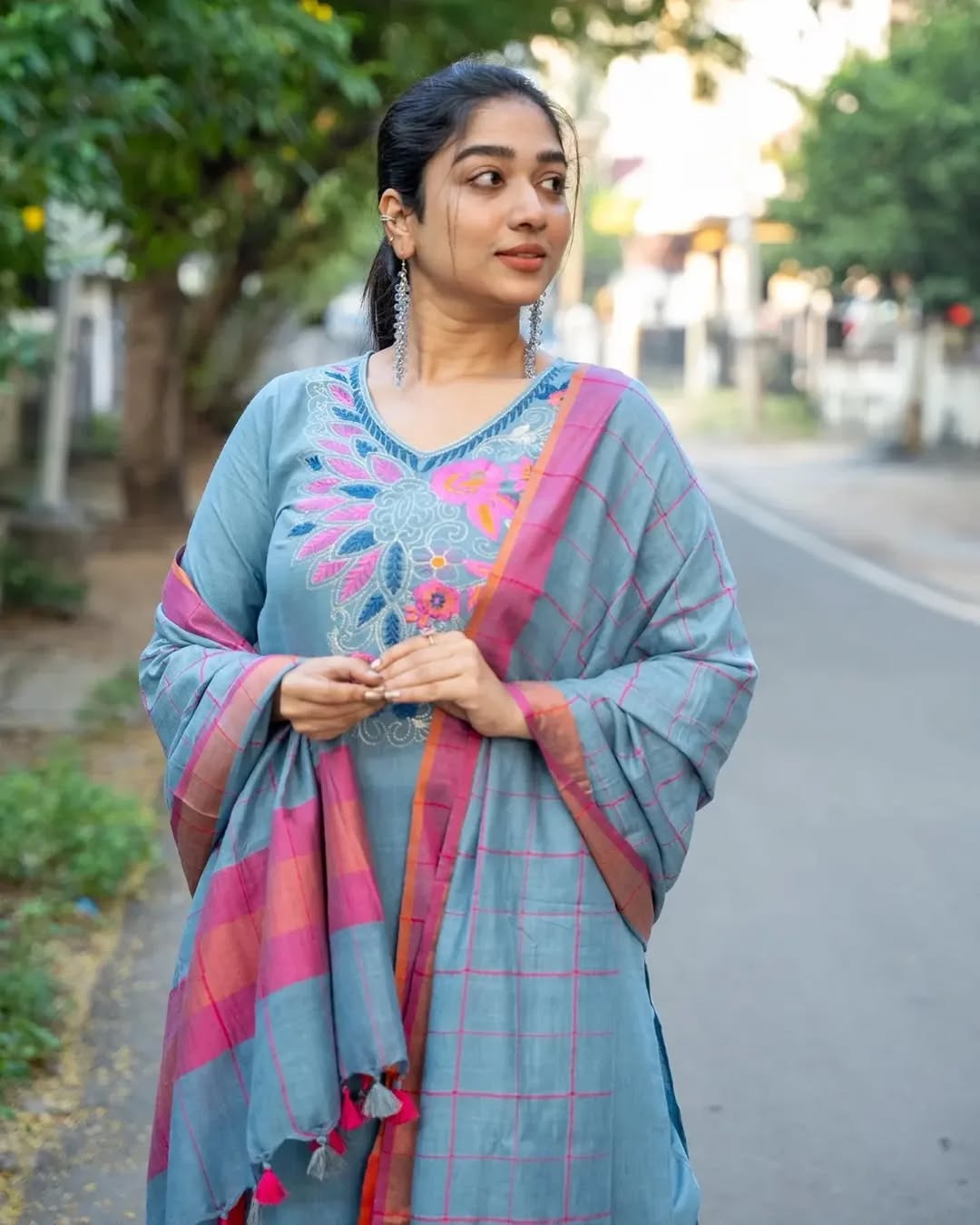 Embroidered Cotton Kurti Set with Matching Pants & Dupatta