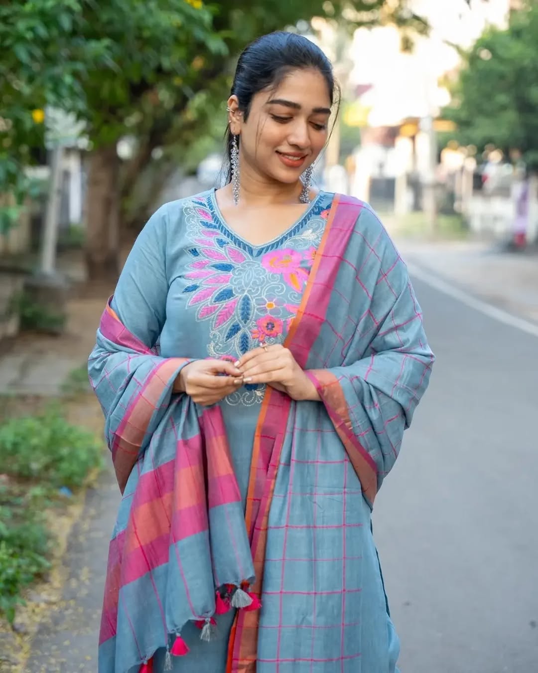 Embroidered Cotton Kurti Set with Matching Pants & Dupatta