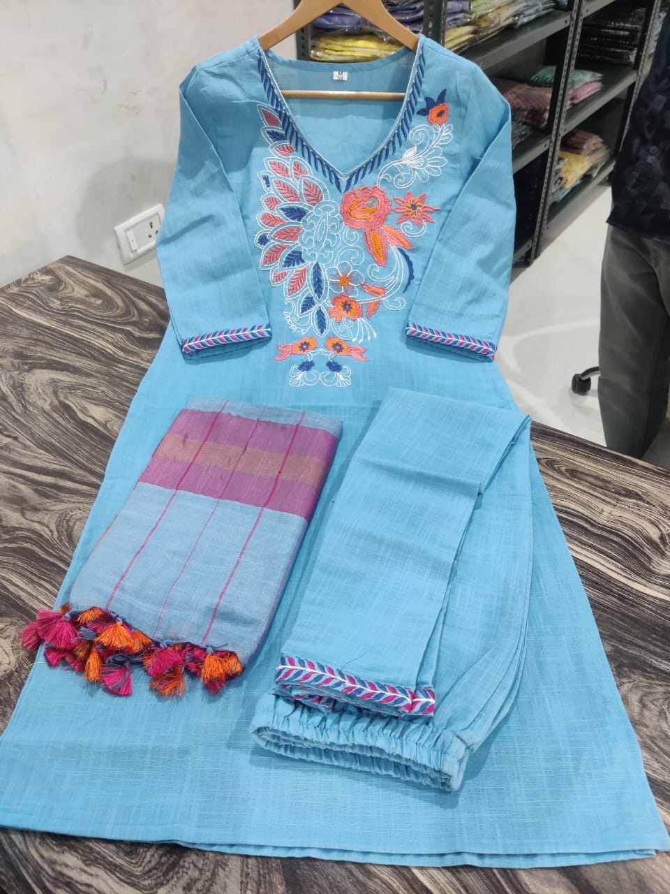 Embroidered Cotton Kurti Set with Matching Pants & Dupatta
