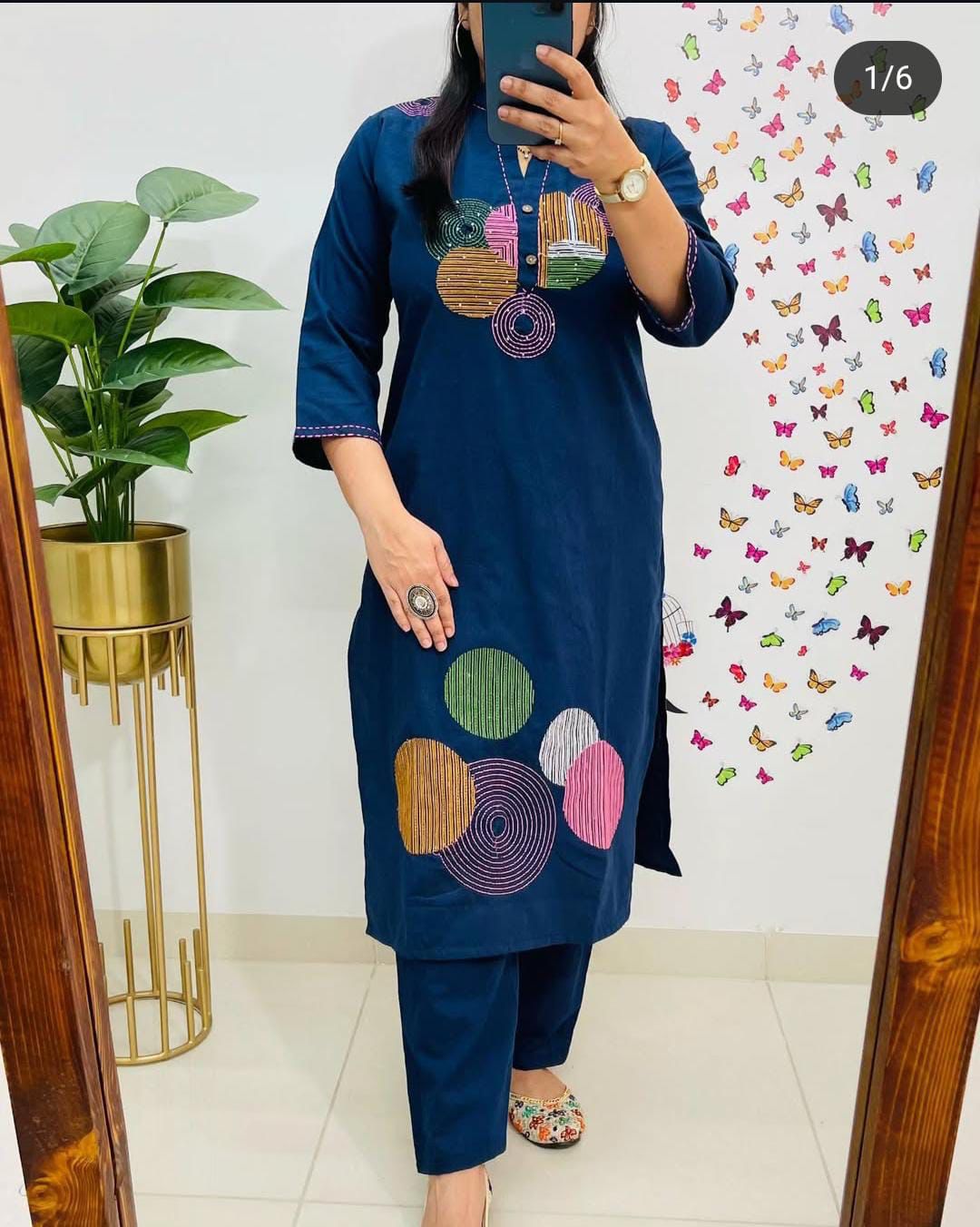Embroidered Cotton Kurti Set with Pocketed Pant