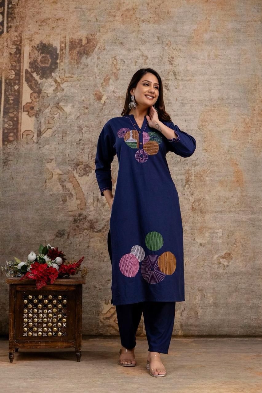 Embroidered Cotton Kurti Set with Pocketed Pant