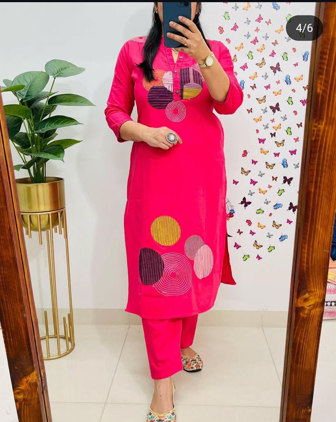 Embroidered Cotton Kurti Set with Pocketed Pant