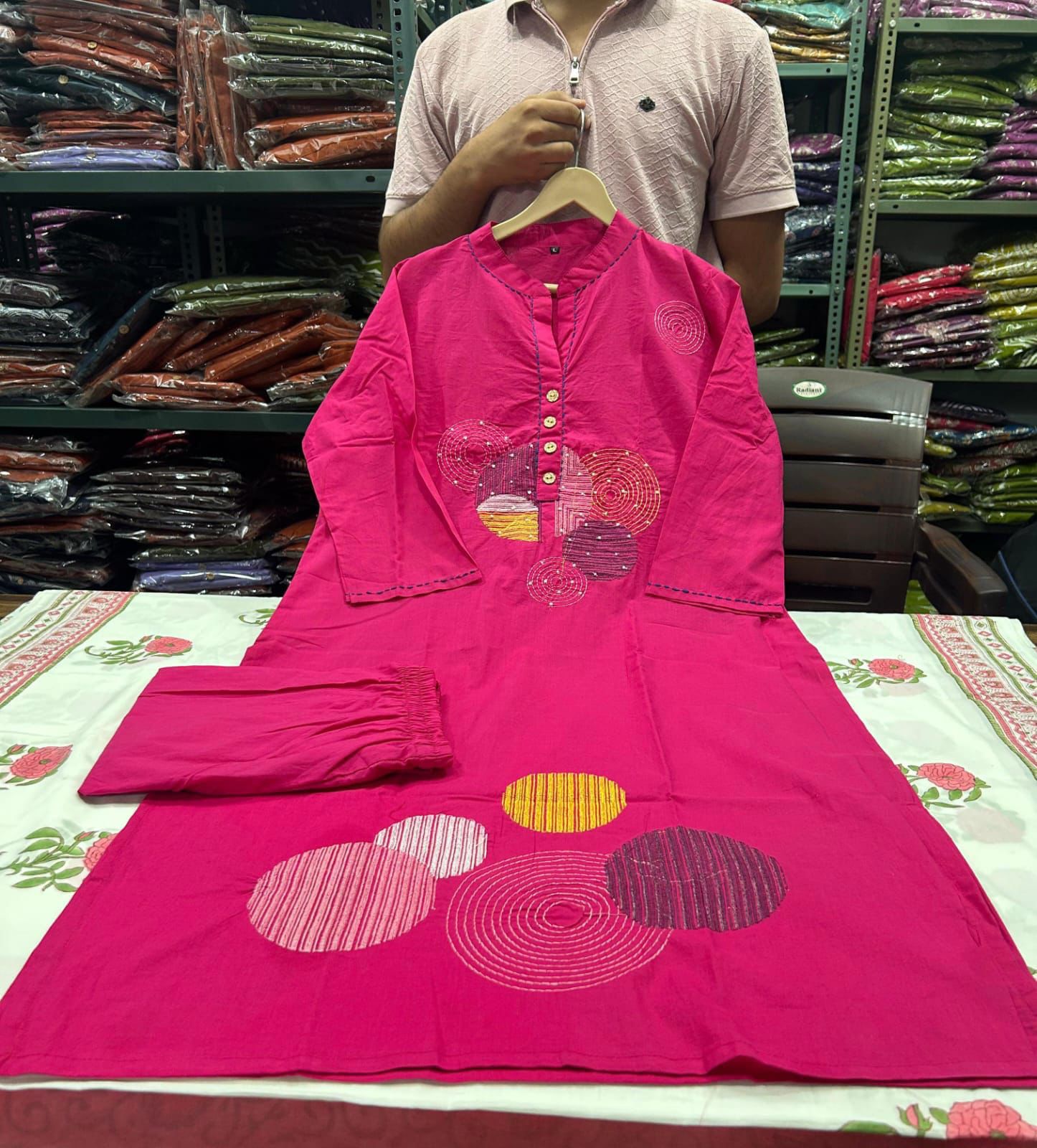 Embroidered Cotton Kurti Set with Pocketed Pant
