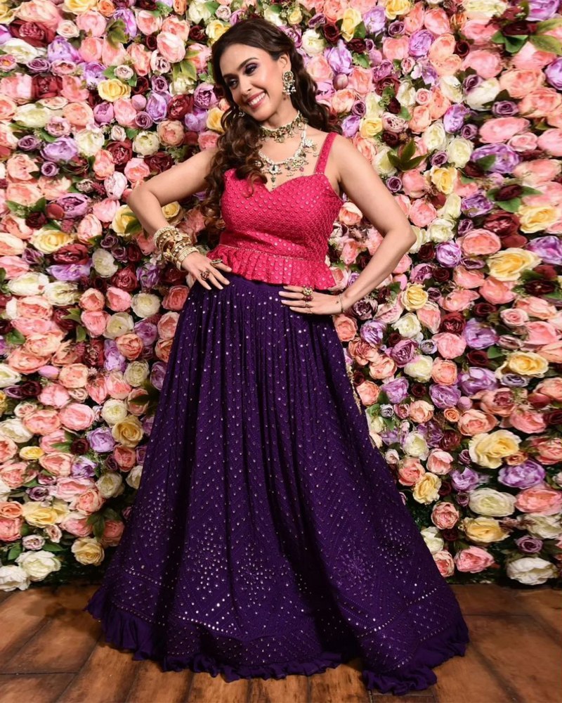 Embroidered Georgette Pink & Purple Lehenga Set with Thread & Sequence Work