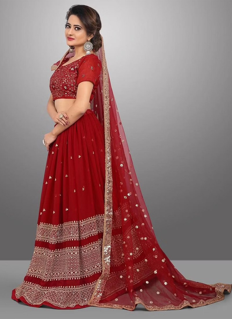 Embroidered Georgette Maroon Lehenga Set with Net Dupatta and Banglori Silk Blouse