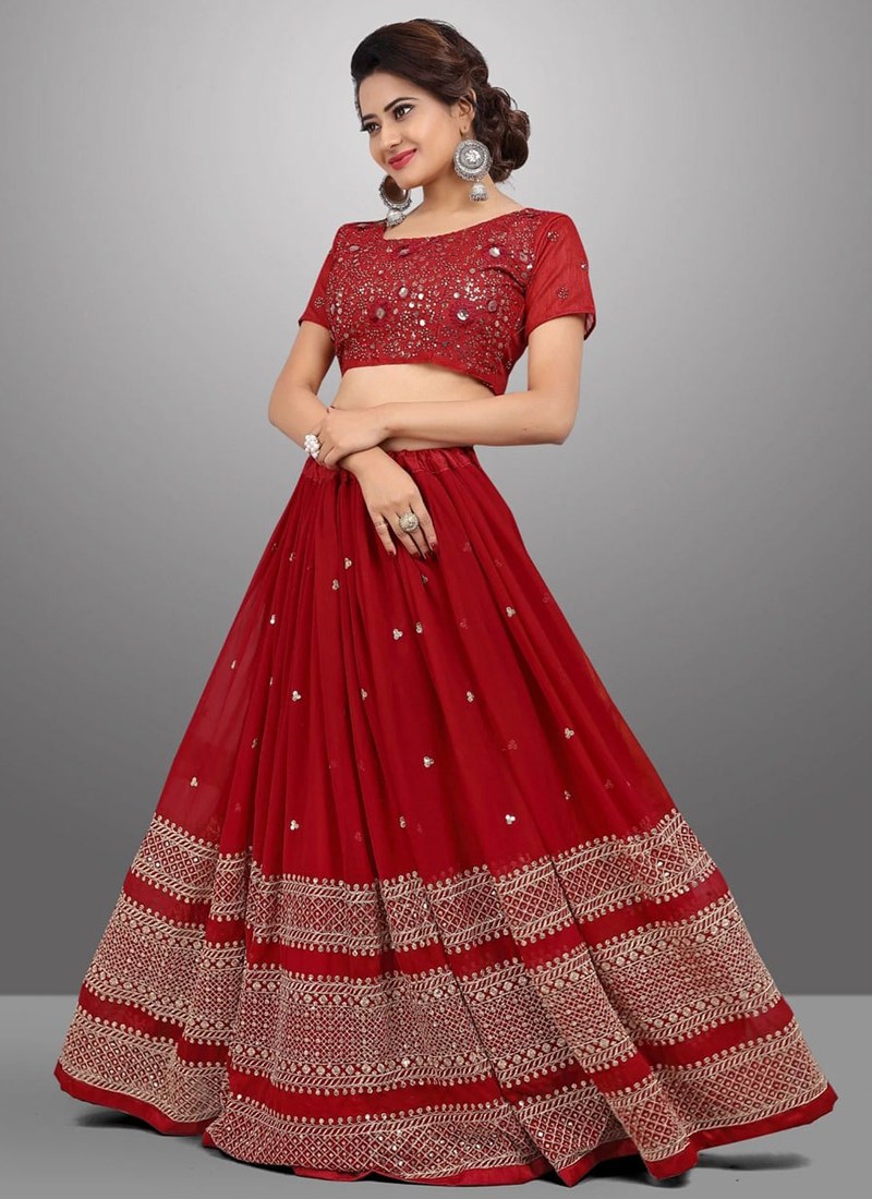 Embroidered Georgette Maroon Lehenga Set with Net Dupatta and Banglori Silk Blouse