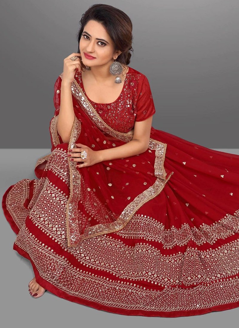 Embroidered Georgette Maroon Lehenga Set with Net Dupatta and Banglori Silk Blouse