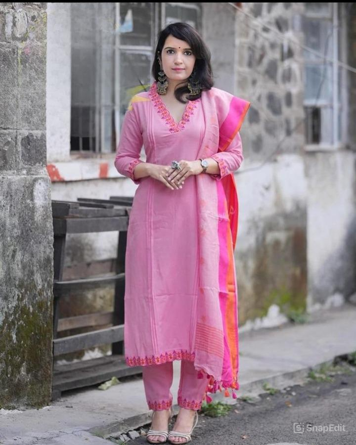 Embroidered Kurti Set with Cotton Pant & Linen Butta Dupatta