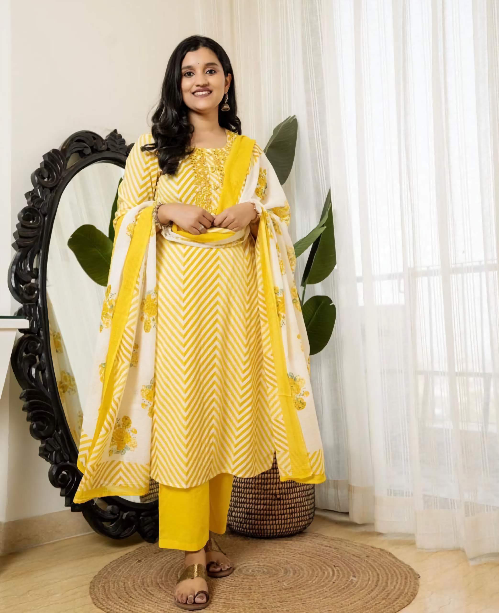 Embroidered Lahriya Kurta Set with Adda Work in Saganeri Print