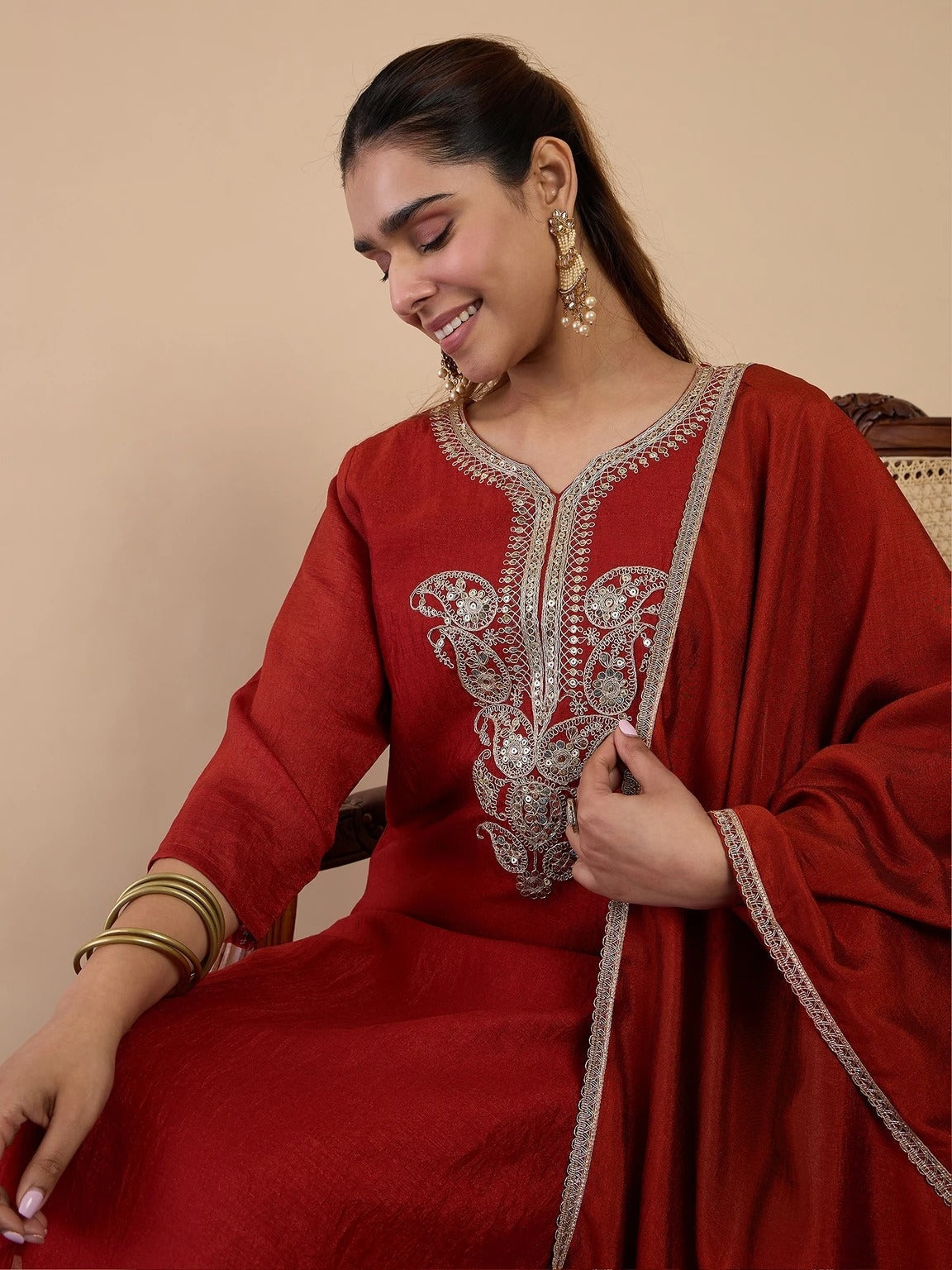 Embroidered Viscose Silk Blend Kurta Pant Set with Silk Dupatta for women
