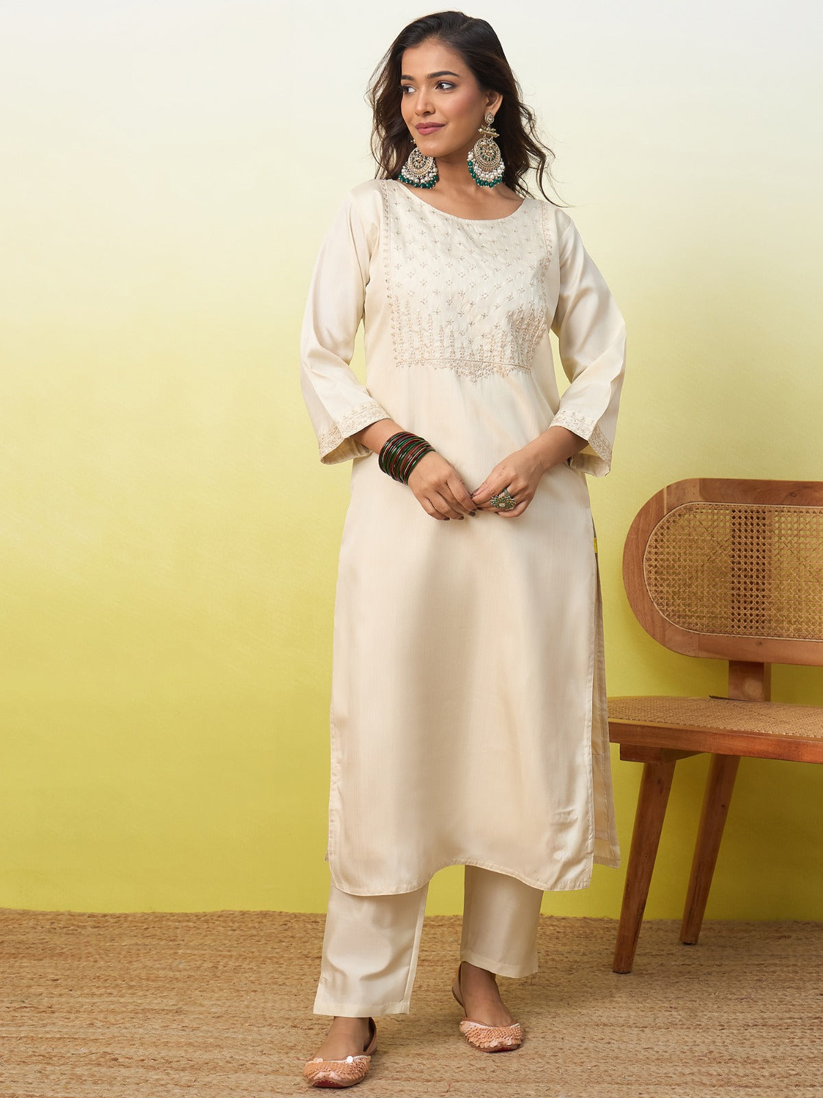 Embroidered Yoke Silk Blend Straight Kurta Pant Set with Organza Dupatta