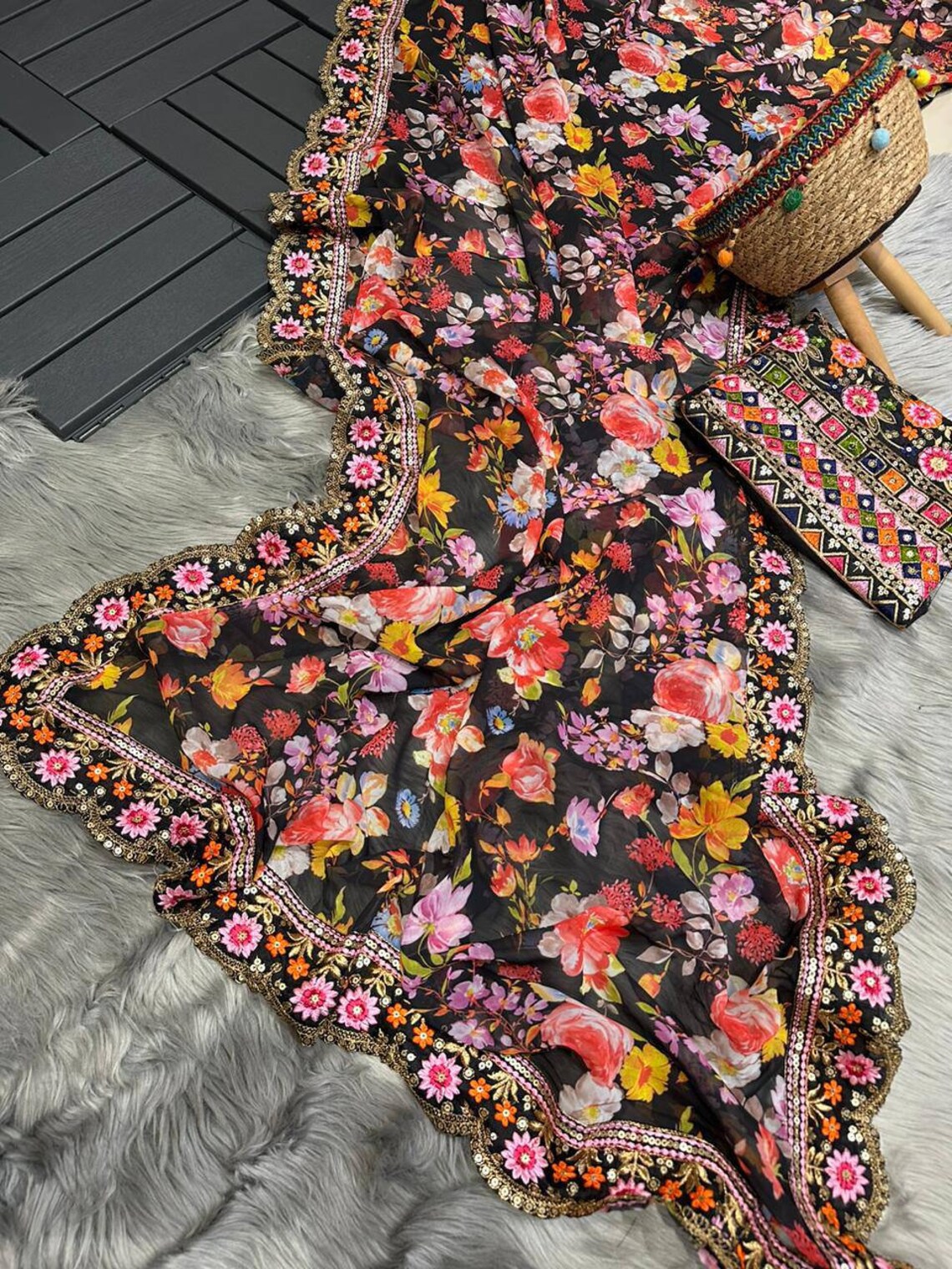 Enchanting Black Georgette Designer Saree with Floral Digital Print, Thread & Sequence Work - Perfect for Weddings & Special Occasions