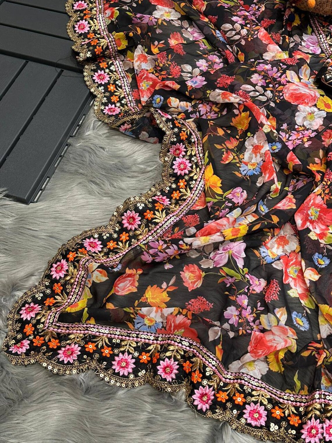 Enchanting Black Georgette Designer Saree with Floral Digital Print, Thread & Sequence Work - Perfect for Weddings & Special Occasions