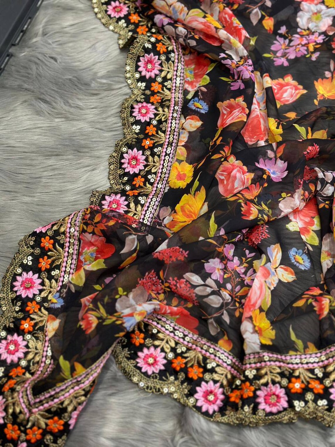 Enchanting Black Georgette Designer Saree with Floral Digital Print, Thread & Sequence Work - Perfect for Weddings & Special Occasions