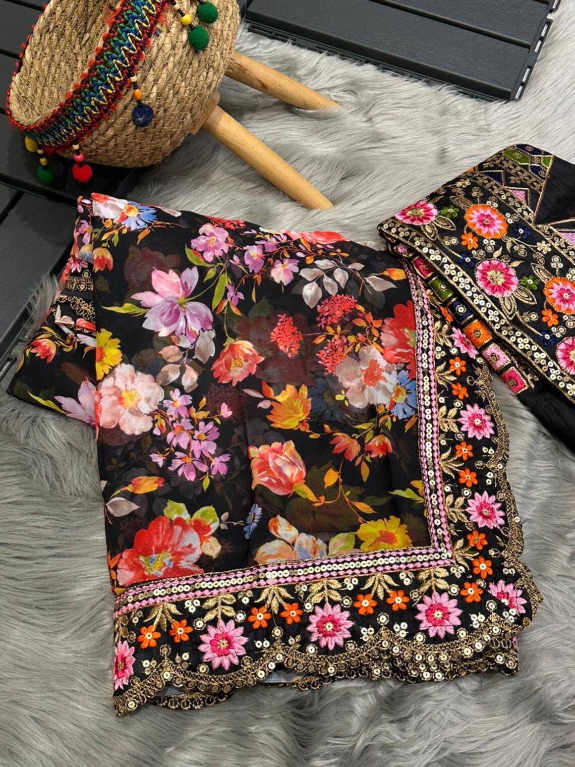 Enchanting Black Georgette Designer Saree with Floral Digital Print, Thread & Sequence Work - Perfect for Weddings & Special Occasions