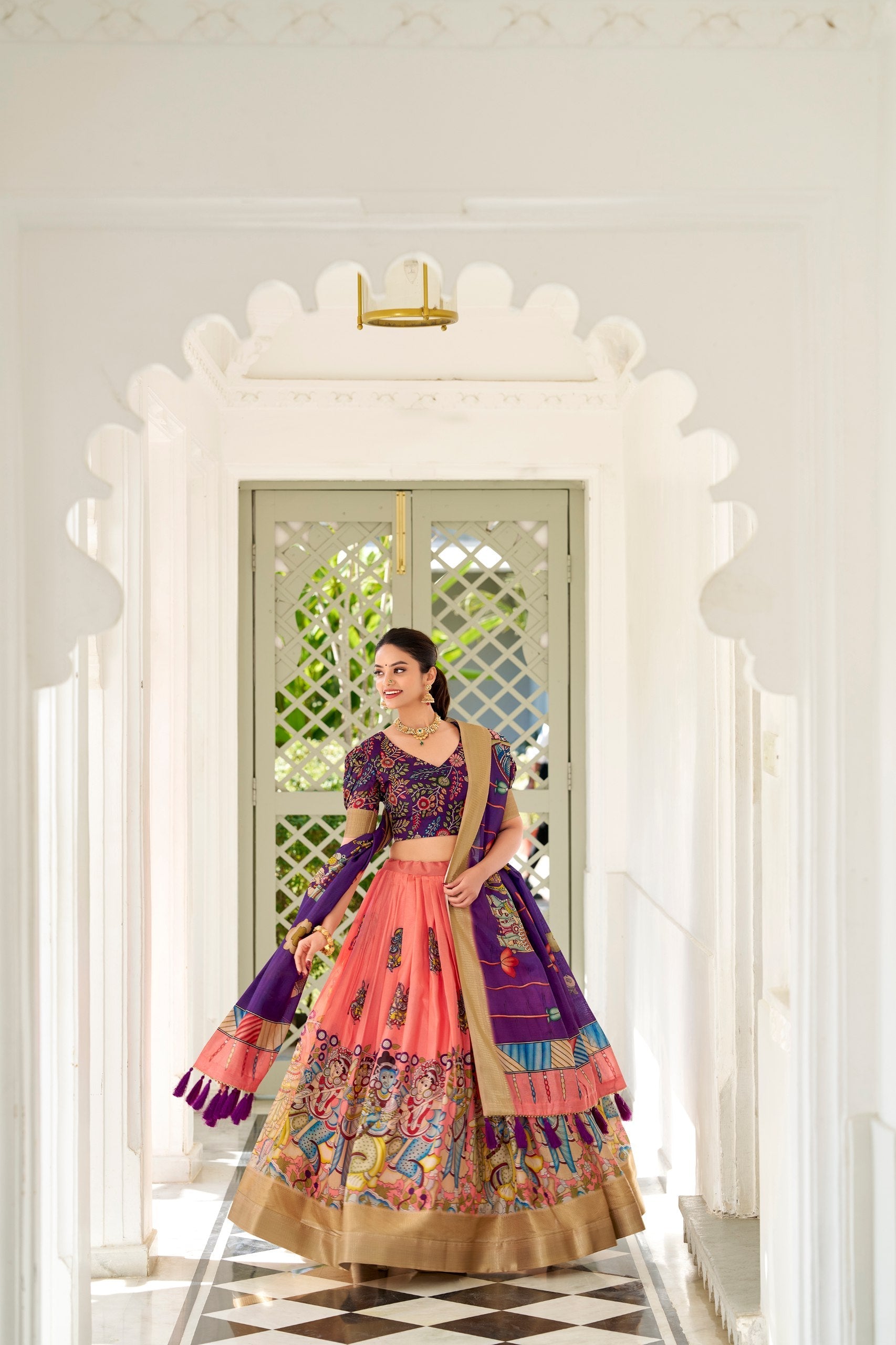 Enchanting Peach Dola Silk Lehenga Choli with Kalamkari Print